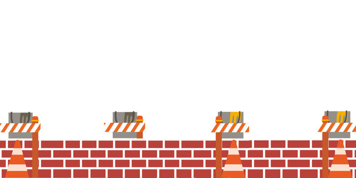 Under construction brick wall background with striped road barricades, work zone safety banner with large copy space