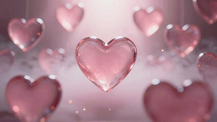 Fototapeta premium Floating Pink Glass Hearts in Dreamy Romantic Background