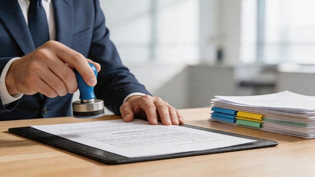 Businessman stamping document executive hand using rubber seal on official contract paperwork corporate legal approval process office worker finalizing agreement forms
