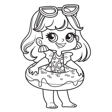 Cute cartoon girl in a swimsuit and with an donut inflatable ring for swimming outlined for coloring page on white background