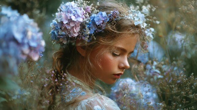 Ephemeral Elegance: A young girl, adorned with a crown of delicate blossoms, finds herself immersed in a dreamy world.