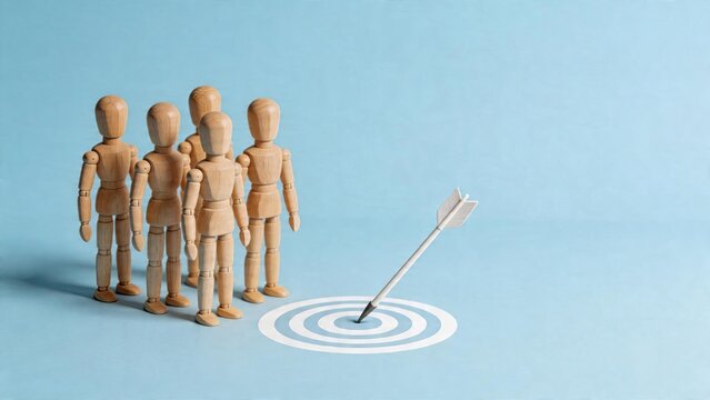 Business goal strategy concept wooden mannequin team standing together observing target with arrow hitting bullseye on blue background success and achievement metaphor for