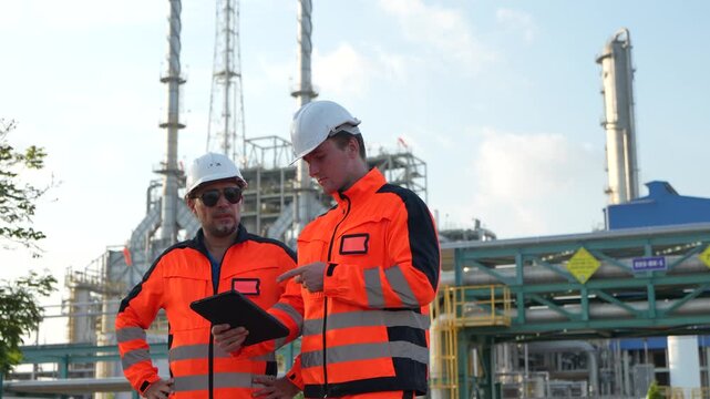 Two engineers in orange safety jackets and helmets discuss a project at an industrial refinery site.