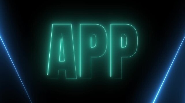 App text animation with glowing neon light effect and digital frame for mobile software development