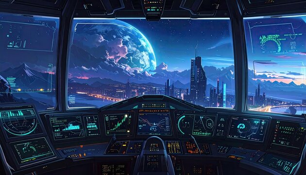 Futuristic Spaceship Cockpit View of Alien City and Planetary Horizon