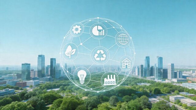 Smart eco city digital technology connecting urban growth green living sustainability recycling renewable energy innovation internet of things modern skyscrapers business