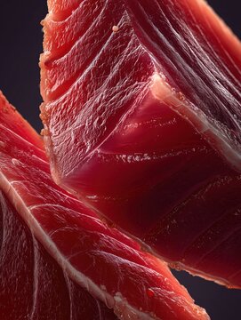 Raw Tuna Sashimi Cuts Bloody Red Macro Sliced Fish Glossy Fibers Hyperrealistic Sushi Premium Seafood Detail