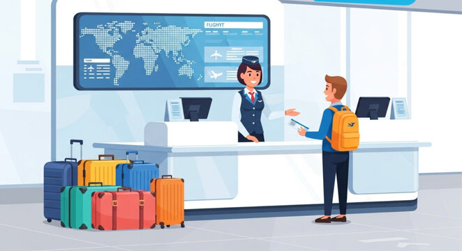 Travelers at airport check-in counter with luggage.