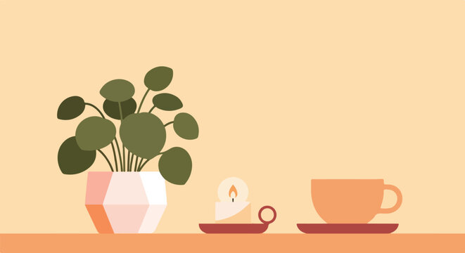 This cozy vector illustration shows a potted Pilea plant, a lit candle, and a cup of tea on a shelf against a soft peach background.