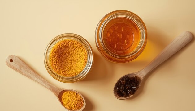 There are two jars of honey and some spoons on a table