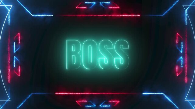 Bold neon word 'BOSS' appears within a sleek, futuristic digital frame with vibrant red and blue light effects.