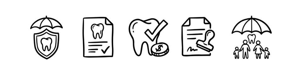 Obraz premium Set of hand-drawn dental insurance icons including a tooth shield, policy document, cost checkmark, and family coverage. Great for healthcare, finance, and dental clinic marketing.
