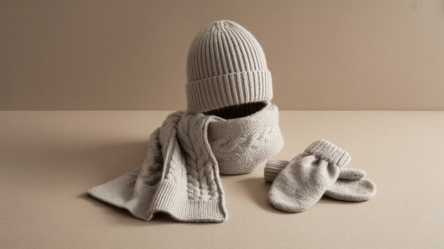 Flat lay of knitted winter accessories including hat scarf mittens and warm apparel in neutral tones. Cozy seasonal fashion concept.