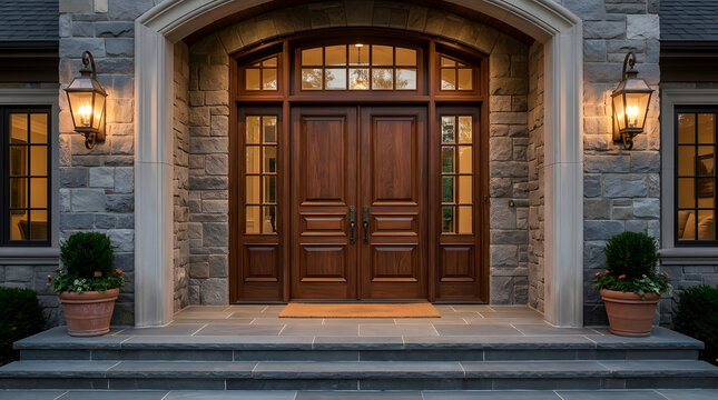 Luxury mansion entrance with classic wooden double doors stone facade and evening outdoor lighting