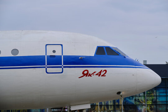 Russia Moscow 2023 May 10.Close up profile Yak 42 Soviet passenger jet cockpit and nose with red Cyrillic branding.