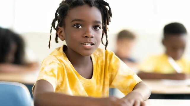 Child writing and smiling at desk in classroom setting
