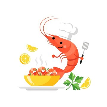 Cute chef shrimp with delicious dish for National Shrimp Day