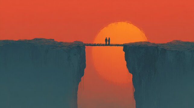 Two silhouetted figures on a wooden bridge span a vast chasm against a sunset