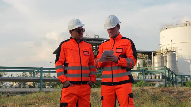 Two industrial workers in high-visibility clothing and helmets discuss plans at an outdoor plant facility.