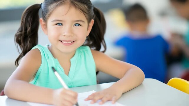 Young girl smiling while completing worksheet at classroom desk