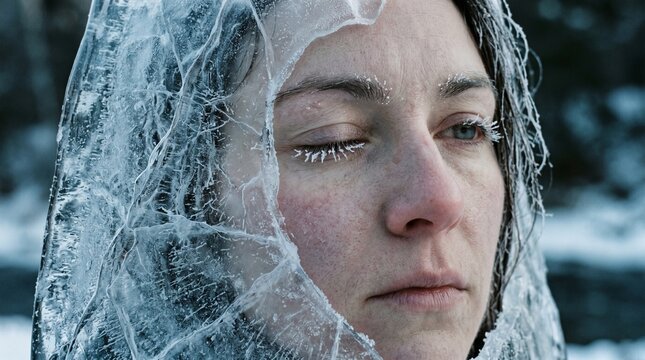 Close-up face trapped in ice, symbolizing emotional numbness and isolation.