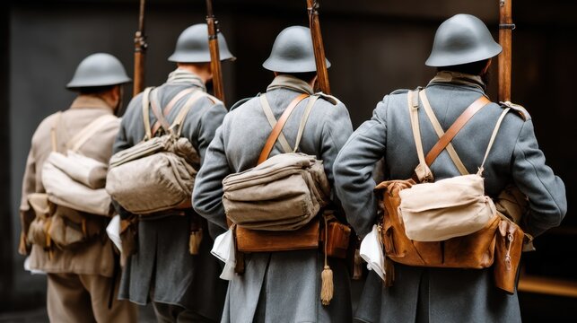 Soldiers wearing World War II uniforms stand with their backs to the camera, holding guns at an outdoor reenactment event