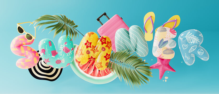 Inflatable Summer letters with beach accessories on blue background. Summer travel concept design. 3D Rendering, 3D Illustration