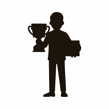 Silhouette of a successful businessman holding a trophy cup and an award plaque