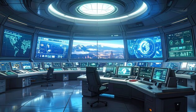 Futuristic control room with multiple screens displaying data and maps