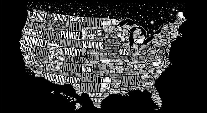 USA Map Typographic Design: A creative typographic map of the United States showcases states and geographical features through a visually striking black and white design.
