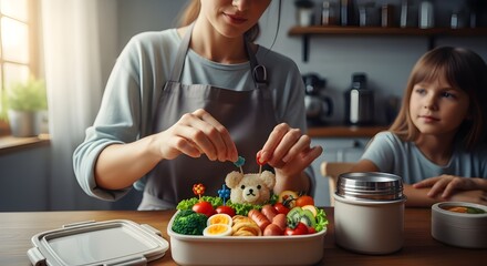 Naklejka premium mother preparing lunchbox for child