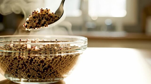 Fork and spoon stirring steaming quinoa in glass bowl on kitchen counter with sunlight streaming