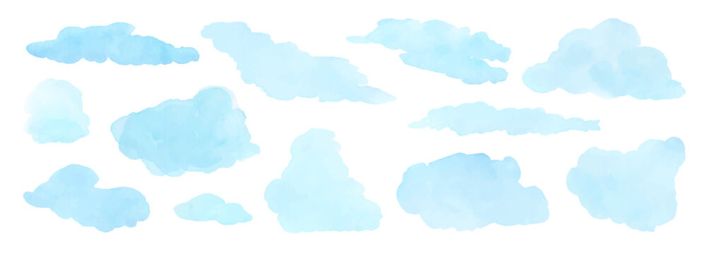 Soft blue watercolor clouds float across white vector illustration set, perfect for dreamy sky designs, abstract art projects, and elegant creative backdrops with gentle brush strokes collection.