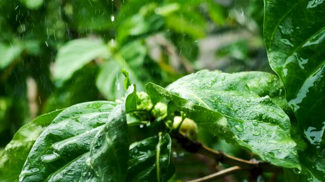 Rain falling on green leaves in a tropical garden with moody lighting, Slow motion