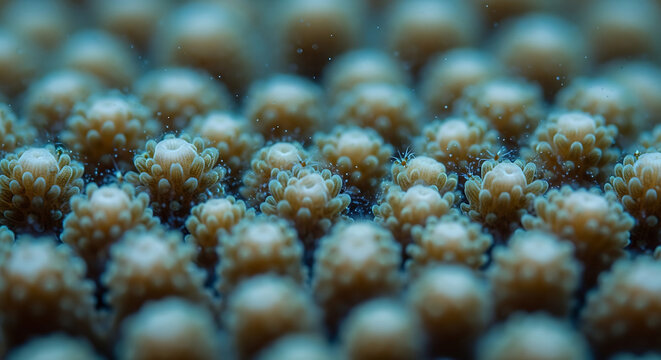 Macro shot of coral polyps with tiny shrimp