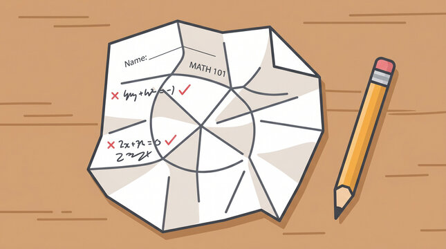 Crumpled math test paper with pencil on wooden table, concept of final school exams  