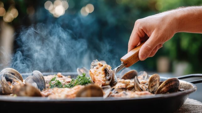 Hand turns mushrooms in a cast iron pan on a fire at a camping site surrounded by smoke and stones in a dark setting