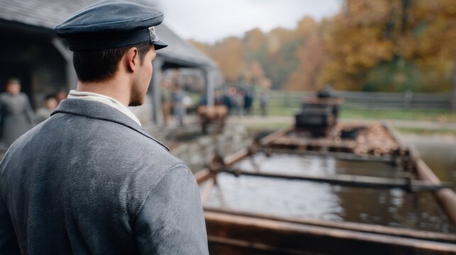 Man stands by old truck cooking over fire in large iron tank with soldiers in background during World War reenactment