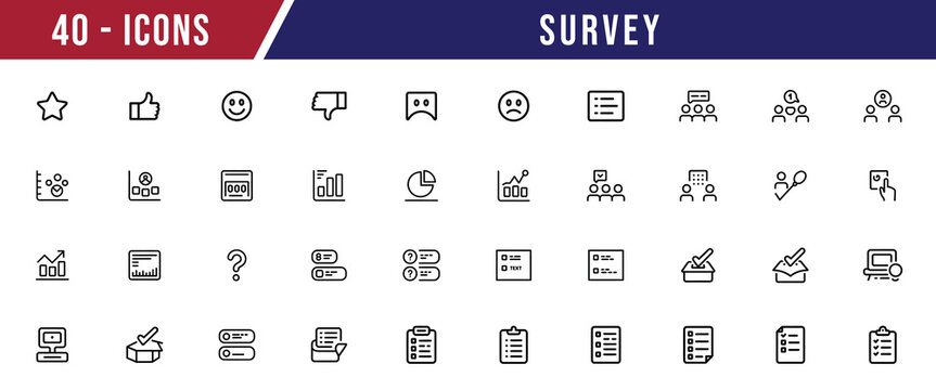 Survey and Feedback Line Icons Set.  Rating, Questionnaire, Data Analysis Outline Icons