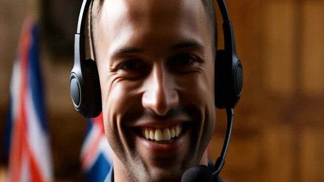 Two men are engaged in a conversation using headsets. They are smiling and seem happy as they talk. The background shows flags and a warm atmosphere in the room