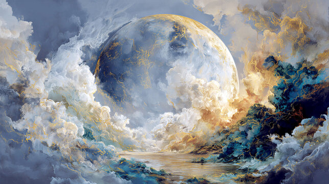 Surreal landscape with a large moon surrounded by dramatic clouds and vibrant colors