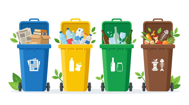 Four Colorful Recycling Trash Bins Lined.