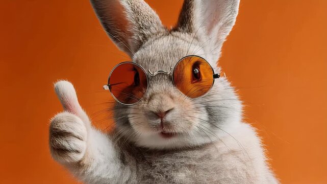 Funny rabbit wearing sunglasses posing for camera. Cute bunny showing thumbs up and adjusting eyewear. Playful animal character, easter mascot, orange background.