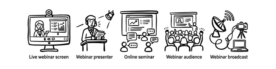 Naklejka premium Hand-drawn doodle set of webinar icons including live screen, presenter, online seminar, audience, and broadcast. Perfect for business presentations, e-learning, and virtual meeting concepts.