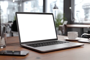 Fototapeta premium A silver laptop with a blank white screen sits on a wooden desk next to a cup of coffee.