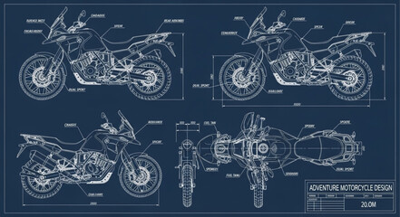 Motorcycle blueprint technical drawing schematic diagram. © Celeng