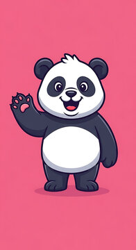 A cute cartoon panda waving cheerfully with black and white fur pattern