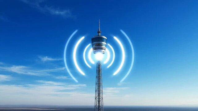 Communication tower emitting radio waves in a clear blue sky, showcasing the progressive expansion of signal waves in three distinct frames of action