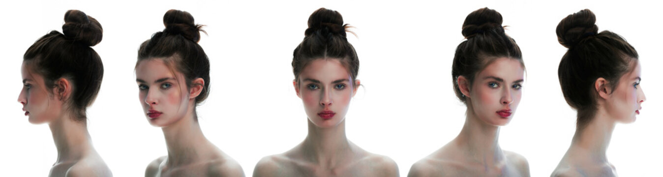 Set of portraits collage. Close-up portrait of young beautiful slim woman with hair tied in knot standing on white background. Different angle view of a face.