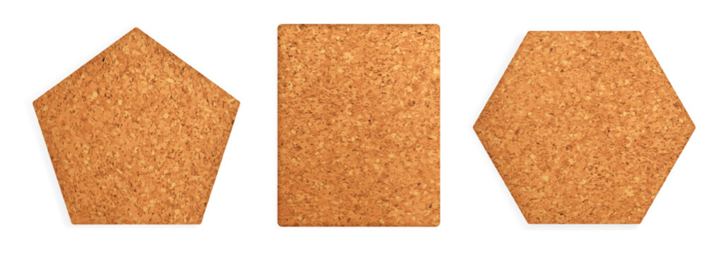 Cork bulletin board with wooden frame and realistic textures set, perfect for office memos, school notices, and pinboard shape vector illustration collection displays in brown natural tones.